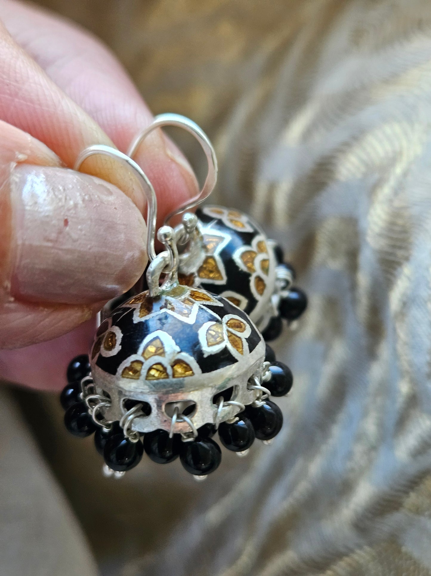 925 Silver Black Enamel Jhumka Earrings | Handcrafted Silver Earrings with Onyx Beads | Indian Ethnic Jewelry