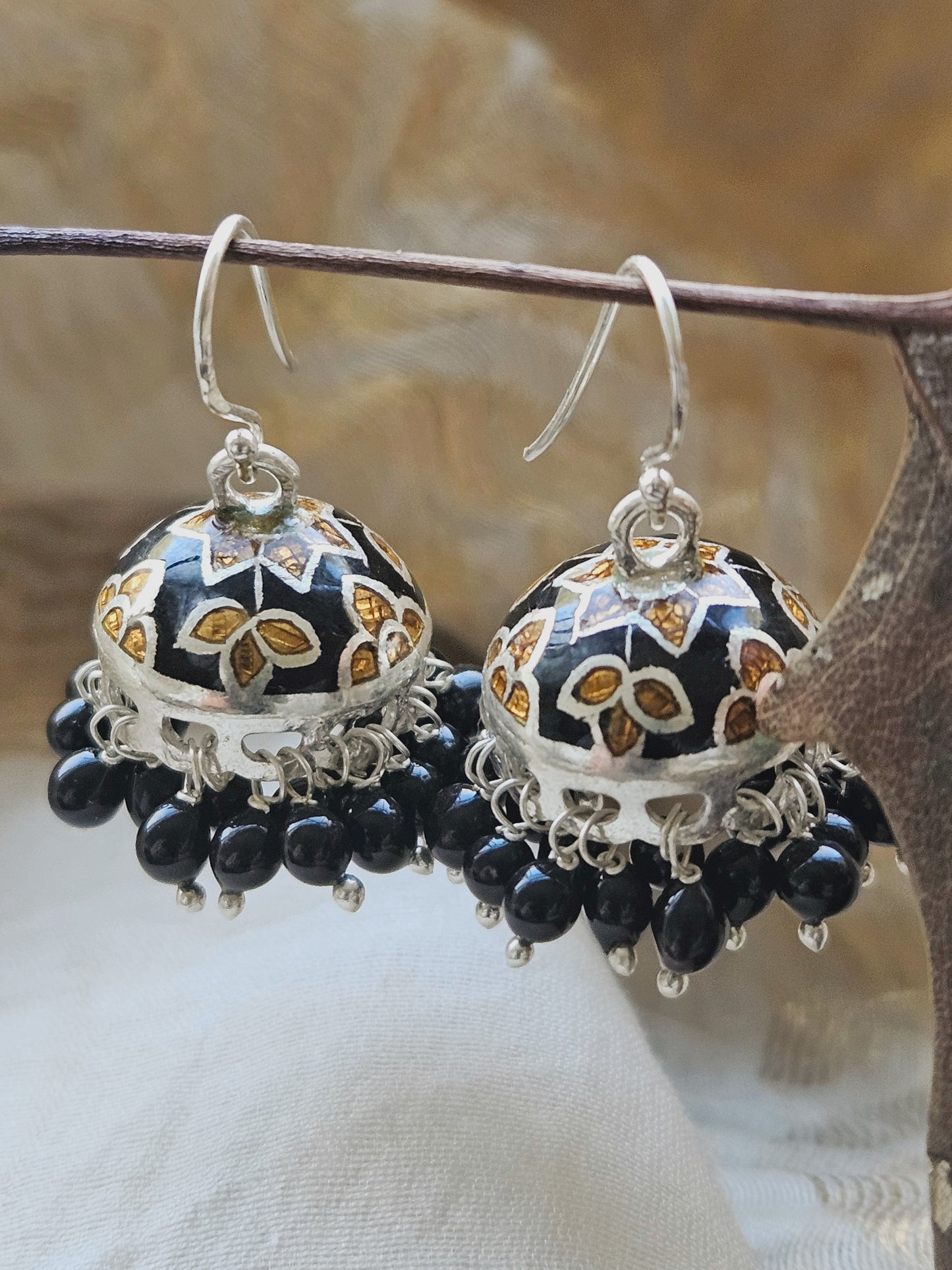 925 Silver Black Enamel Jhumka Earrings | Handcrafted Silver Earrings with Onyx Beads | Indian Ethnic Jewelry