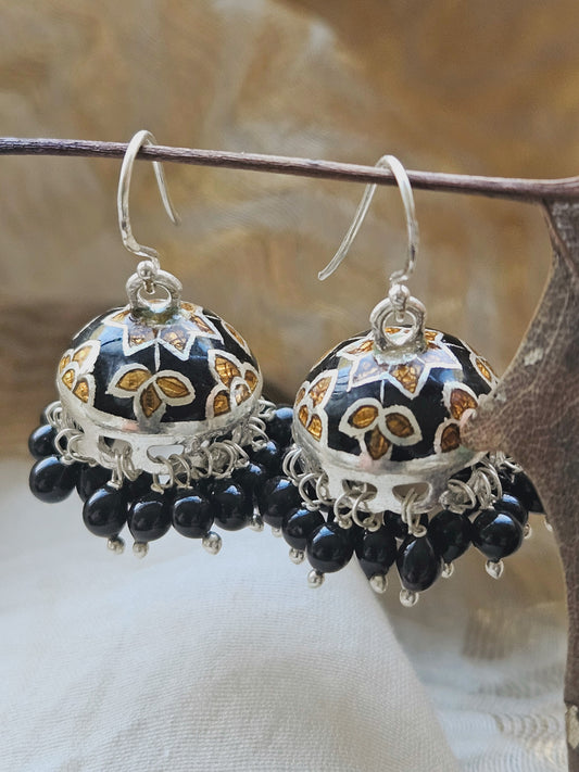 925 Silver Black Enamel Jhumka Earrings | Handcrafted Silver Earrings with Onyx Beads | Indian Ethnic Jewelry