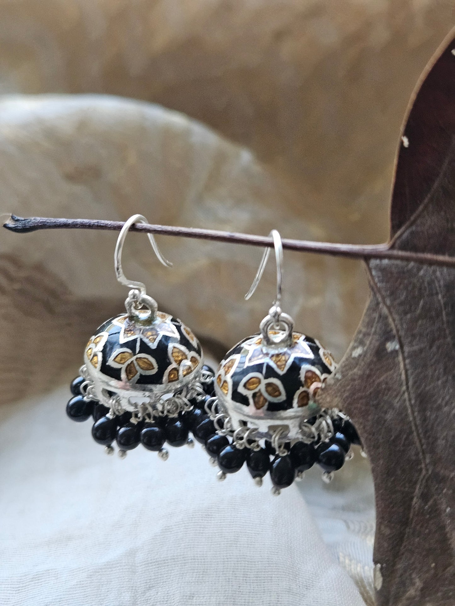 925 Silver Black Enamel Jhumka Earrings | Handcrafted Silver Earrings with Onyx Beads | Indian Ethnic Jewelry