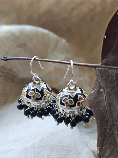 925 Silver Black Enamel Jhumka Earrings | Handcrafted Silver Earrings with Onyx Beads | Indian Ethnic Jewelry