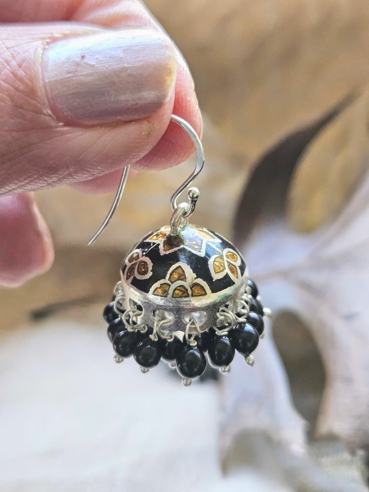 925 Silver Black Enamel Jhumka Earrings | Handcrafted Silver Earrings with Onyx Beads | Indian Ethnic Jewelry