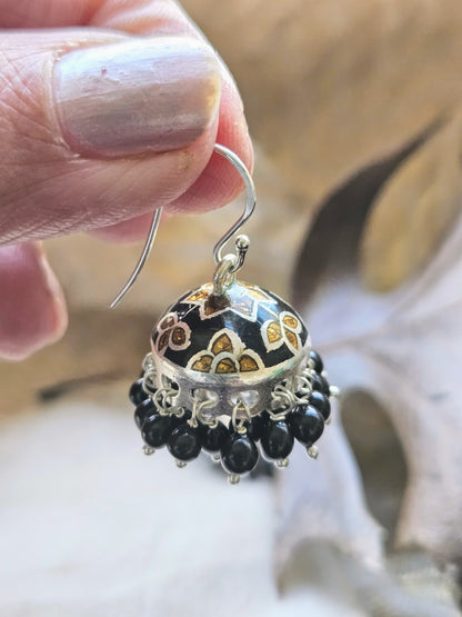 925 Silver Black Enamel Jhumka Earrings | Handcrafted Silver Earrings with Onyx Beads | Indian Ethnic Jewelry