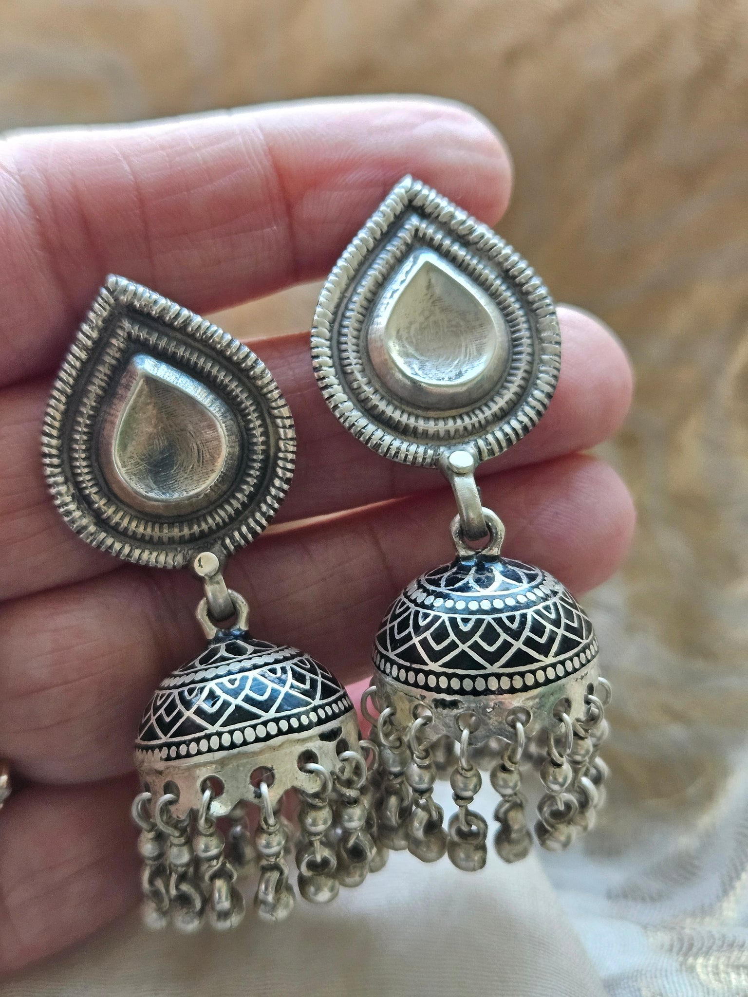 92.5 Silver Jhumka Earrings | Handcrafted Indian Silver Jewelry | Black Silver Jhumka Earrings