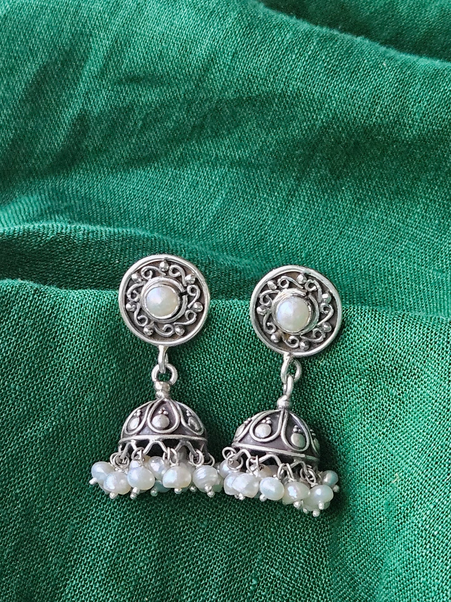 small oxidised finish pure silver jhumka earing with pearl