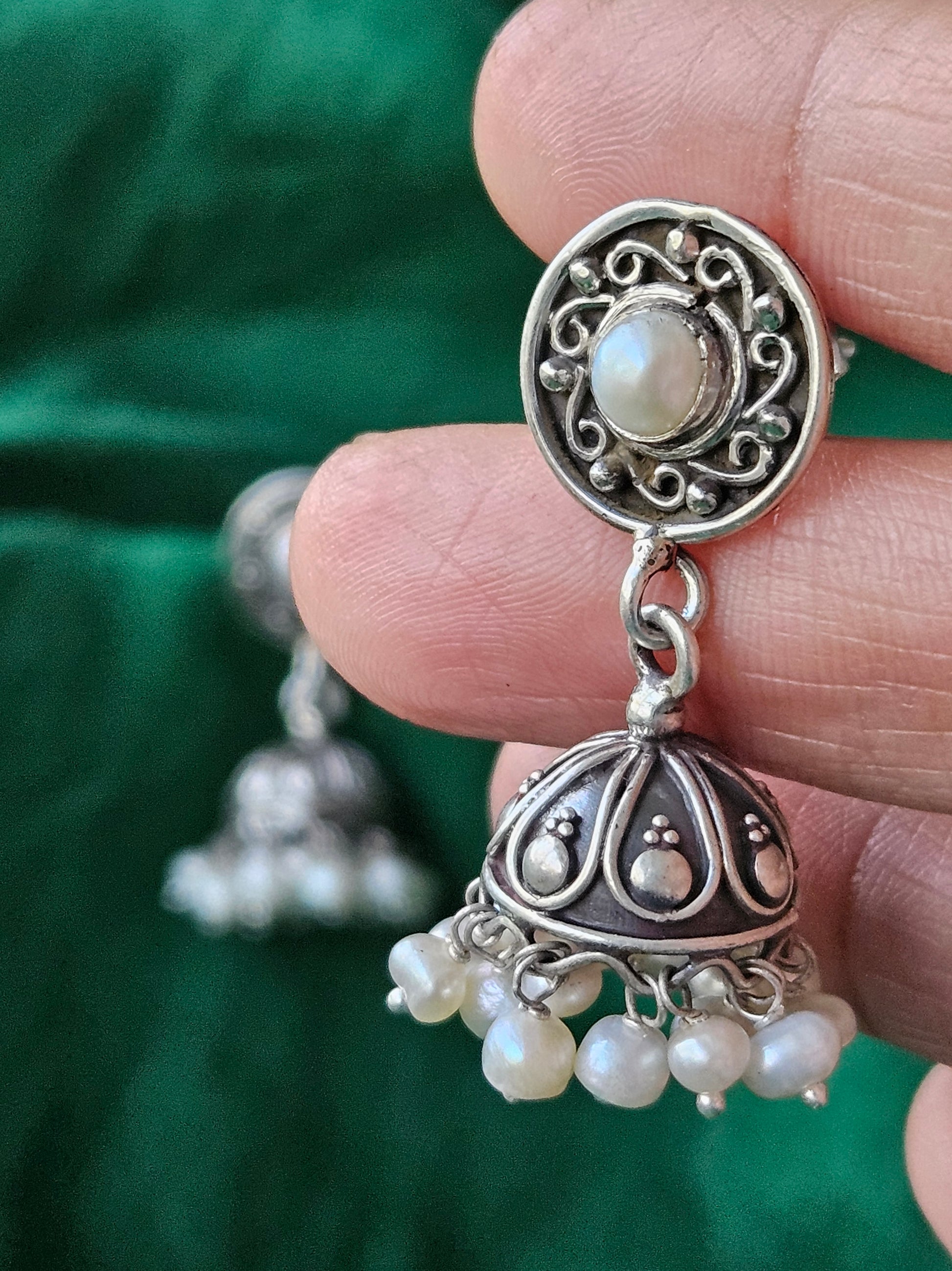small oxidised finish pure silver jhumka earing with pearl