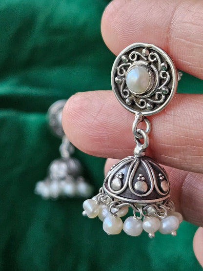 small oxidised finish pure silver jhumka earing with pearl