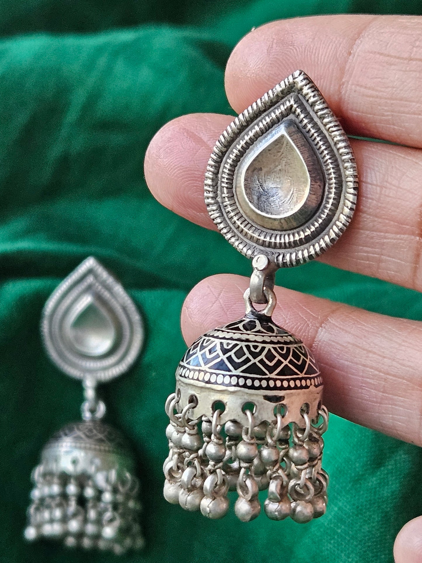 92.5 Silver Jhumka Earrings | Handcrafted Indian Silver Jewelry | Black Silver Jhumka Earrings