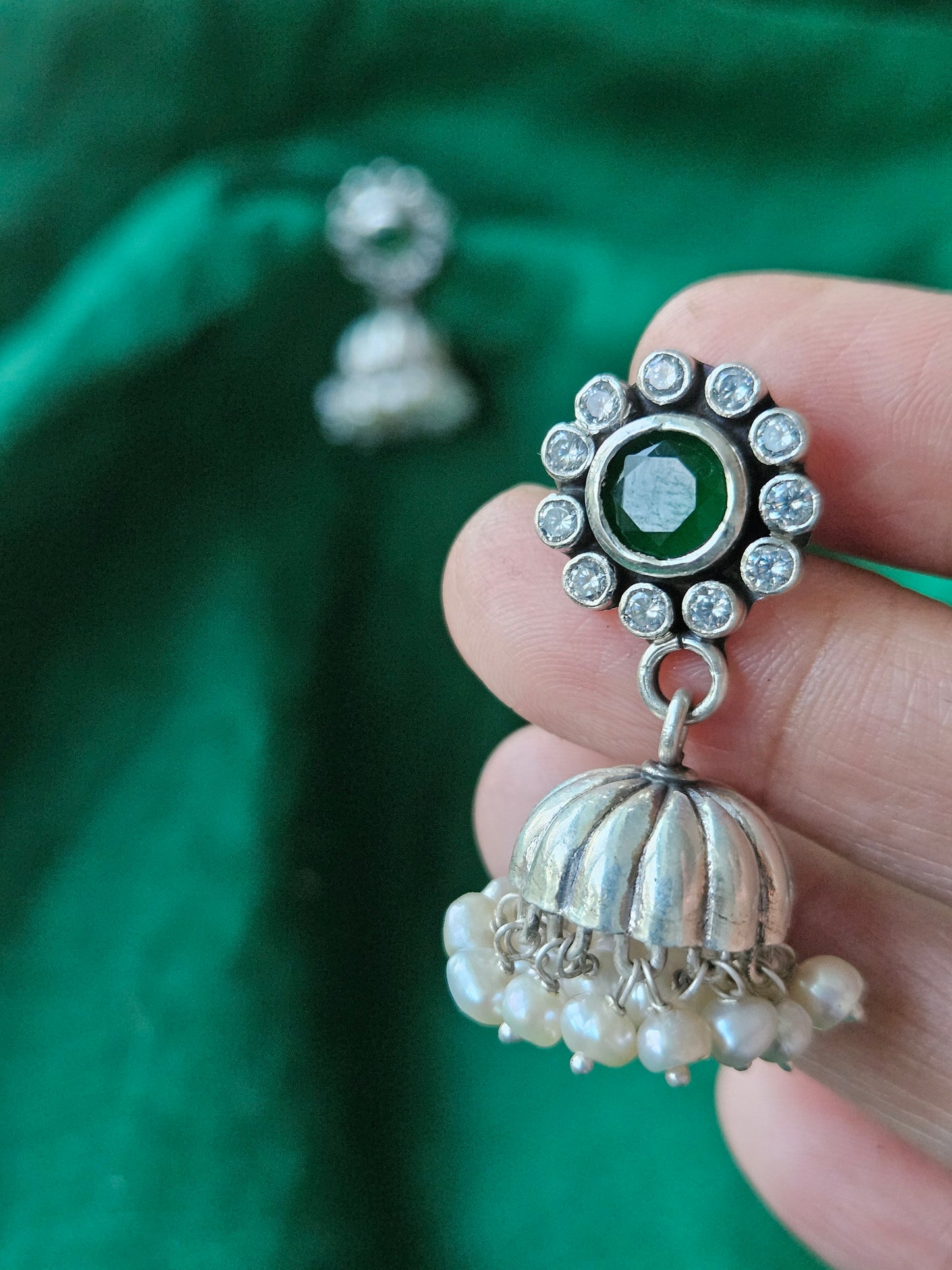 Aarya -925 Silver Indian Earring, Pure Silver Jhumka