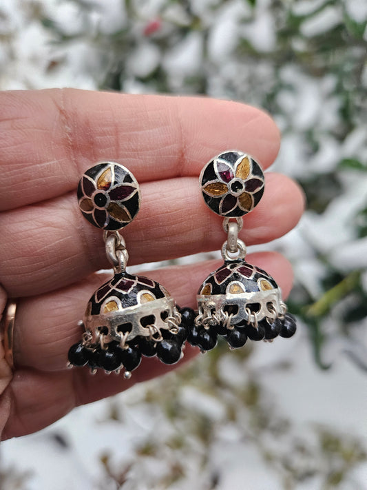 Silver Jhumka Earrings, 925 Sterling Silver small Jhumka with Enamel work