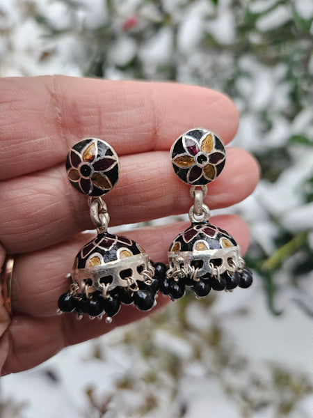 Silver Jhumka Earrings, 925 Sterling Silver small Jhumka with Enamel work