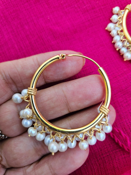 Silver Hoop/Bali with gold polish and freshwater pearls