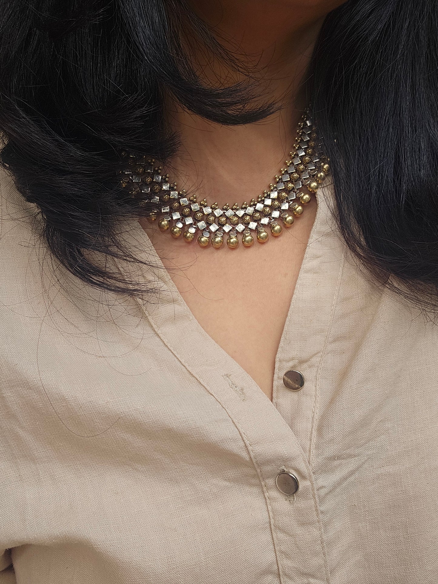 Jhilmil- Dual tone Sterling Silver choker style necklace with gold plating