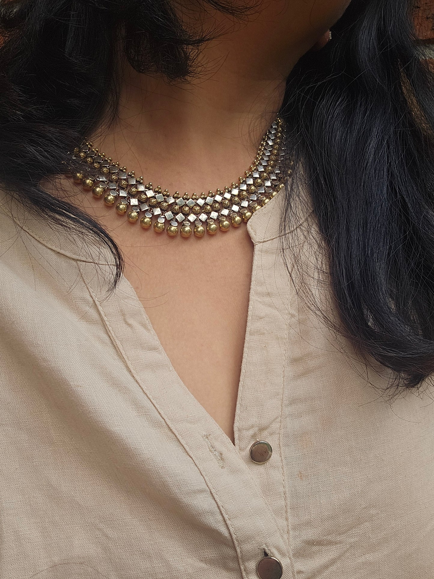 Jhilmil- Dual tone Sterling Silver choker style necklace with gold plating