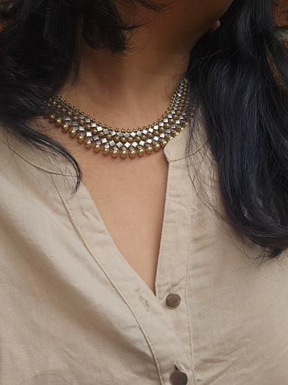 Jhilmil- Dual tone Sterling Silver choker style necklace with gold plating