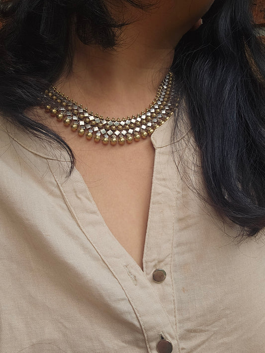 Jhilmil- Dual tone Sterling Silver choker style necklace with gold plating
