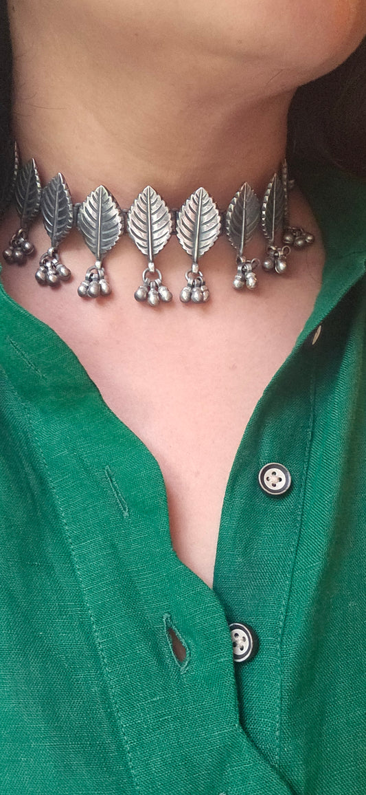 Lavanya-925 Silver Collar Necklace, Boho Statement Necklace-Oxidised silver Indian Thread Jewelry