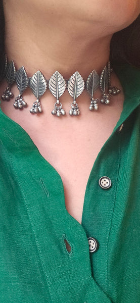Lavanya-925 Silver Collar Necklace, Boho Statement Necklace-Oxidised silver Indian Thread Jewelry