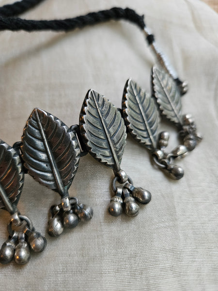Lavanya-925 Silver Collar Necklace, Boho Statement Necklace-Oxidised silver Indian Thread Jewelry