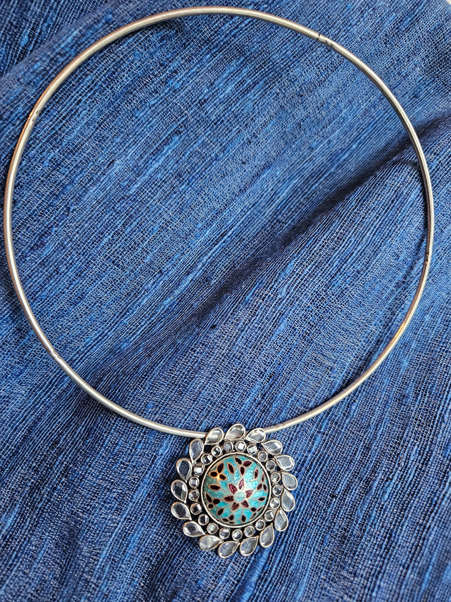 Sterling Silver hasli necklace with meenakari pendant and earring