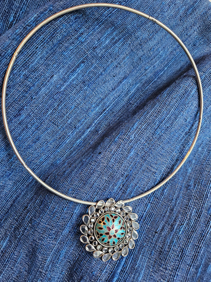 Sterling Silver hasli necklace with meenakari pendant and earring