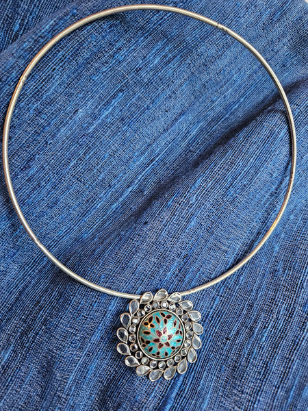 Sterling Silver hasli necklace with meenakari pendant and earring