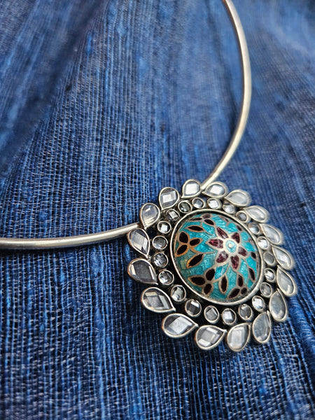 Sterling Silver hasli necklace with meenakari pendant and earring