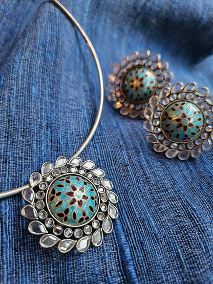 Sterling Silver hasli necklace with meenakari pendant and earring