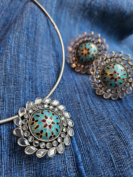 Sterling Silver hasli necklace with meenakari pendant and earring