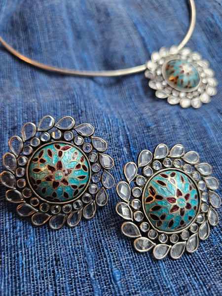 92.5 sterling silver earrings and pendant set with turquoise and black meenakari enamel work, floral motif, handcrafted