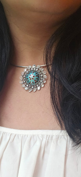 Sterling Silver hasli necklace with meenakari pendant and earring