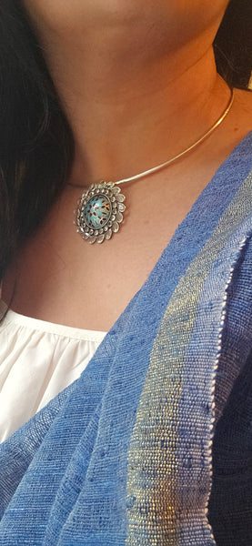 92.5 sterling silver  pendant in wire hasli with turquoise and black meenakari enamel work, floral motif, handcrafted