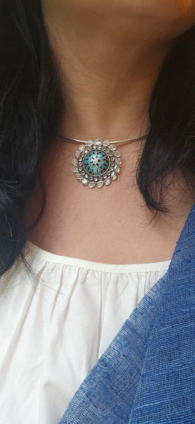 Sterling Silver hasli necklace with meenakari pendant and earring