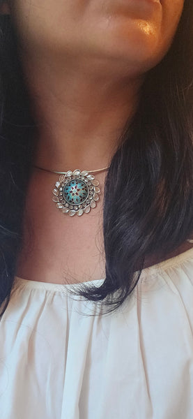 Sterling Silver hasli necklace with meenakari pendant and earring