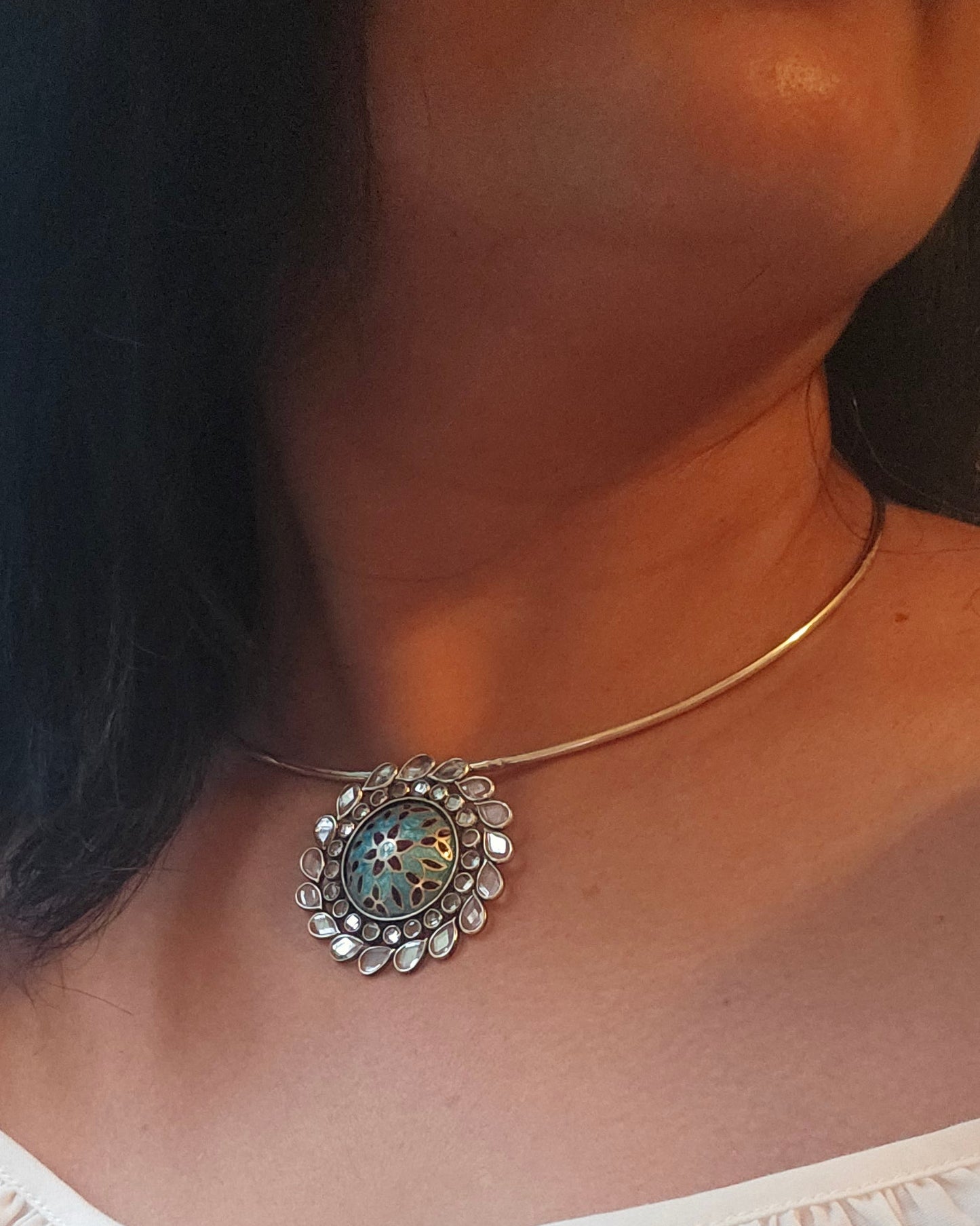 92.5 sterling silver  pendant in wire hasli with turquoise and black meenakari enamel work, floral motif, handcrafted