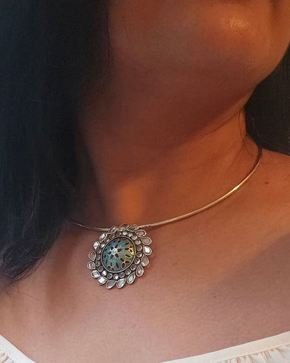 92.5 sterling silver  pendant in wire hasli with turquoise and black meenakari enamel work, floral motif, handcrafted