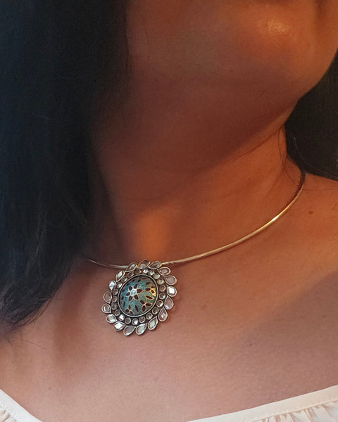 92.5 sterling silver  pendant in wire hasli with turquoise and black meenakari enamel work, floral motif, handcrafted