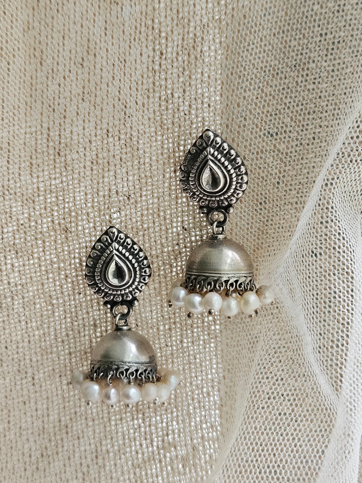 small handcrafted oxidized 925 silver jhumka earrings  with pearls