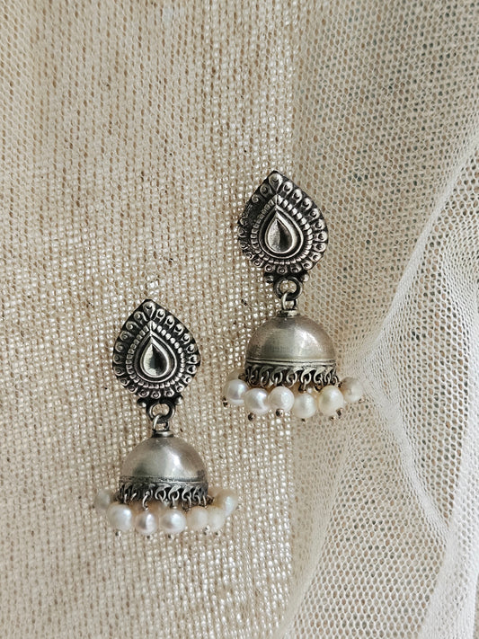 small handcrafted oxidized 925 silver jhumka earrings  with pearls