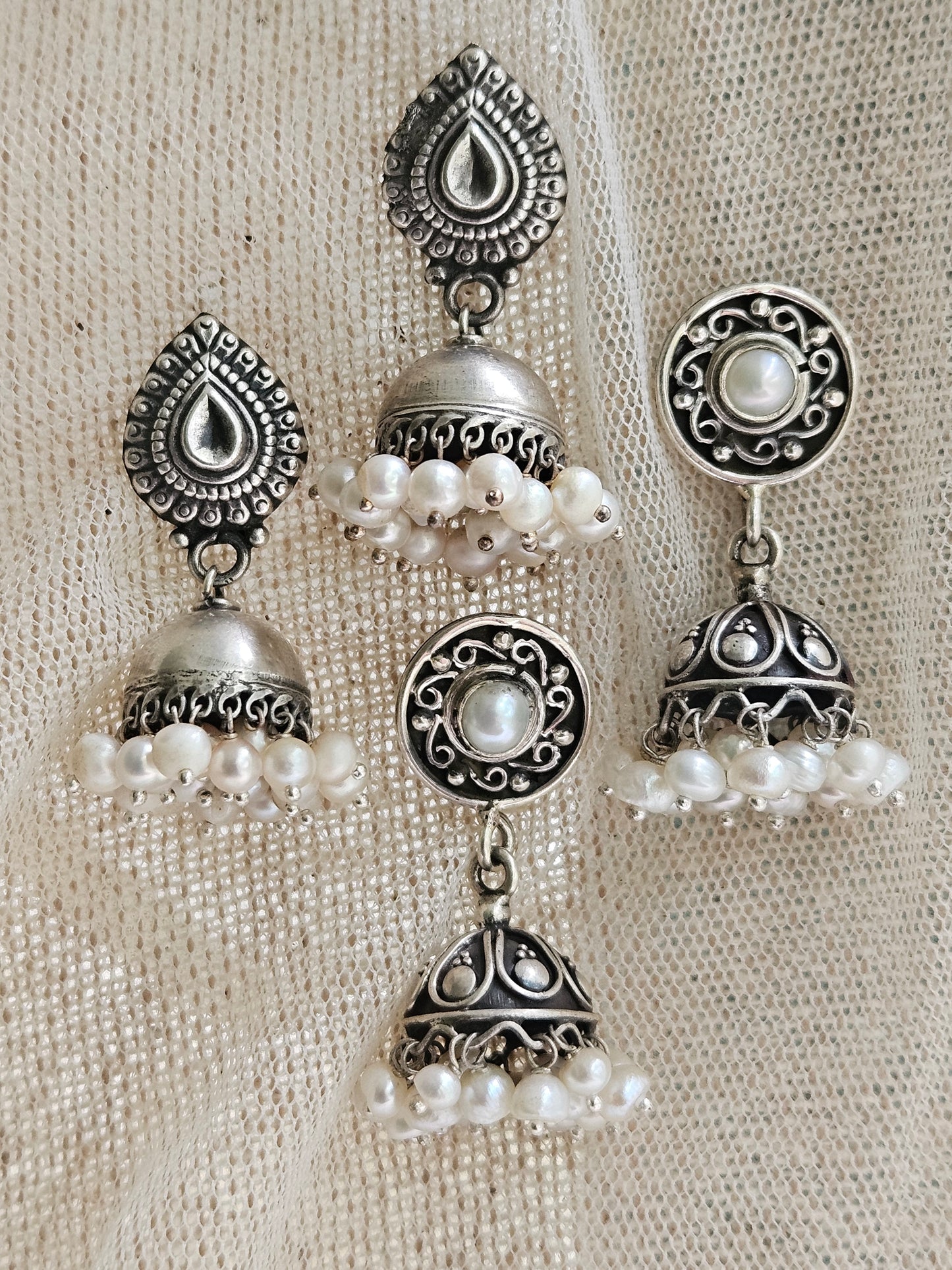 Silver Jhumka Earrings, 925 silver jhumka with pearl