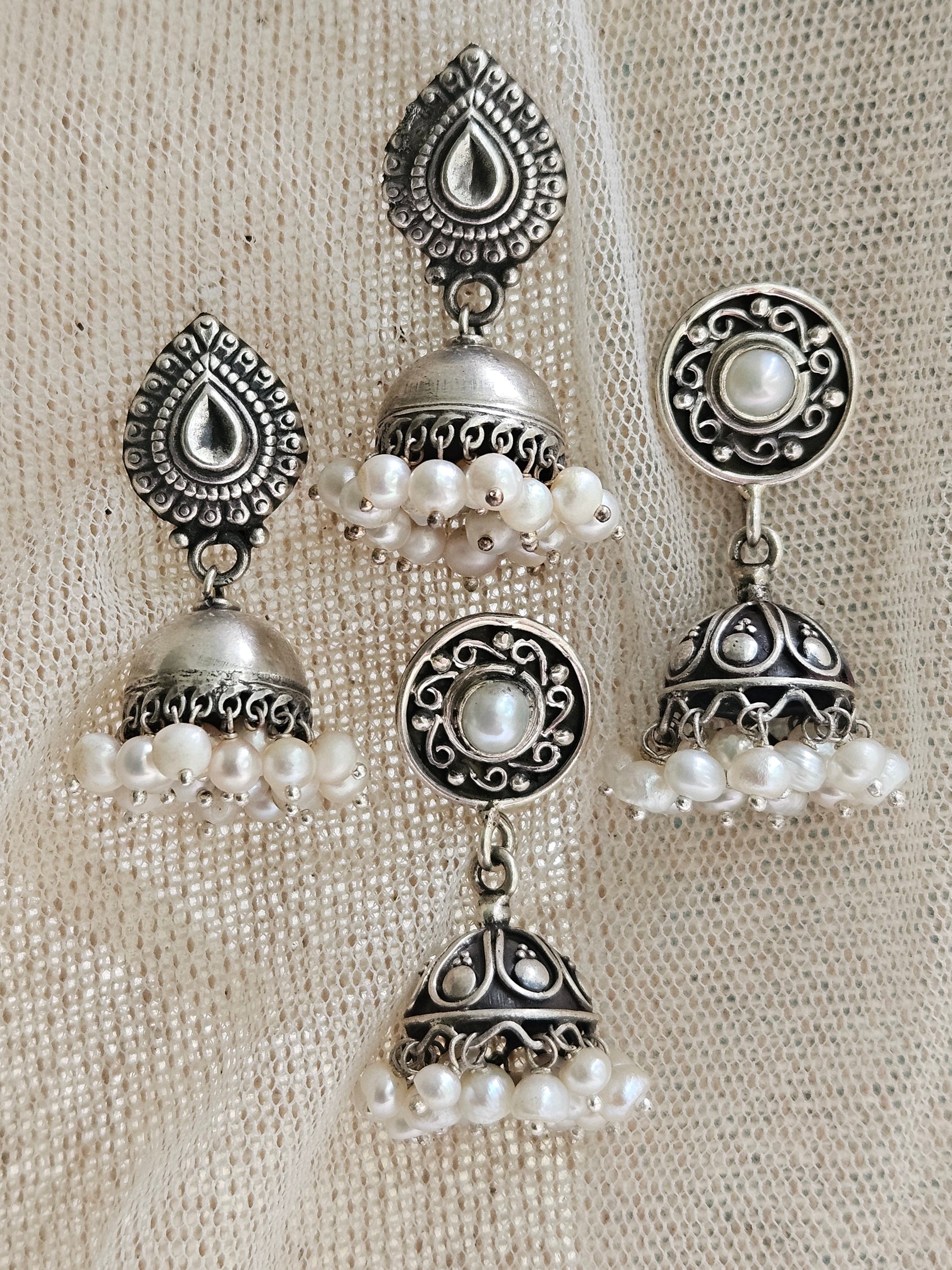 small handcrafted oxidized 925 silver jhumka earrings  with pearls