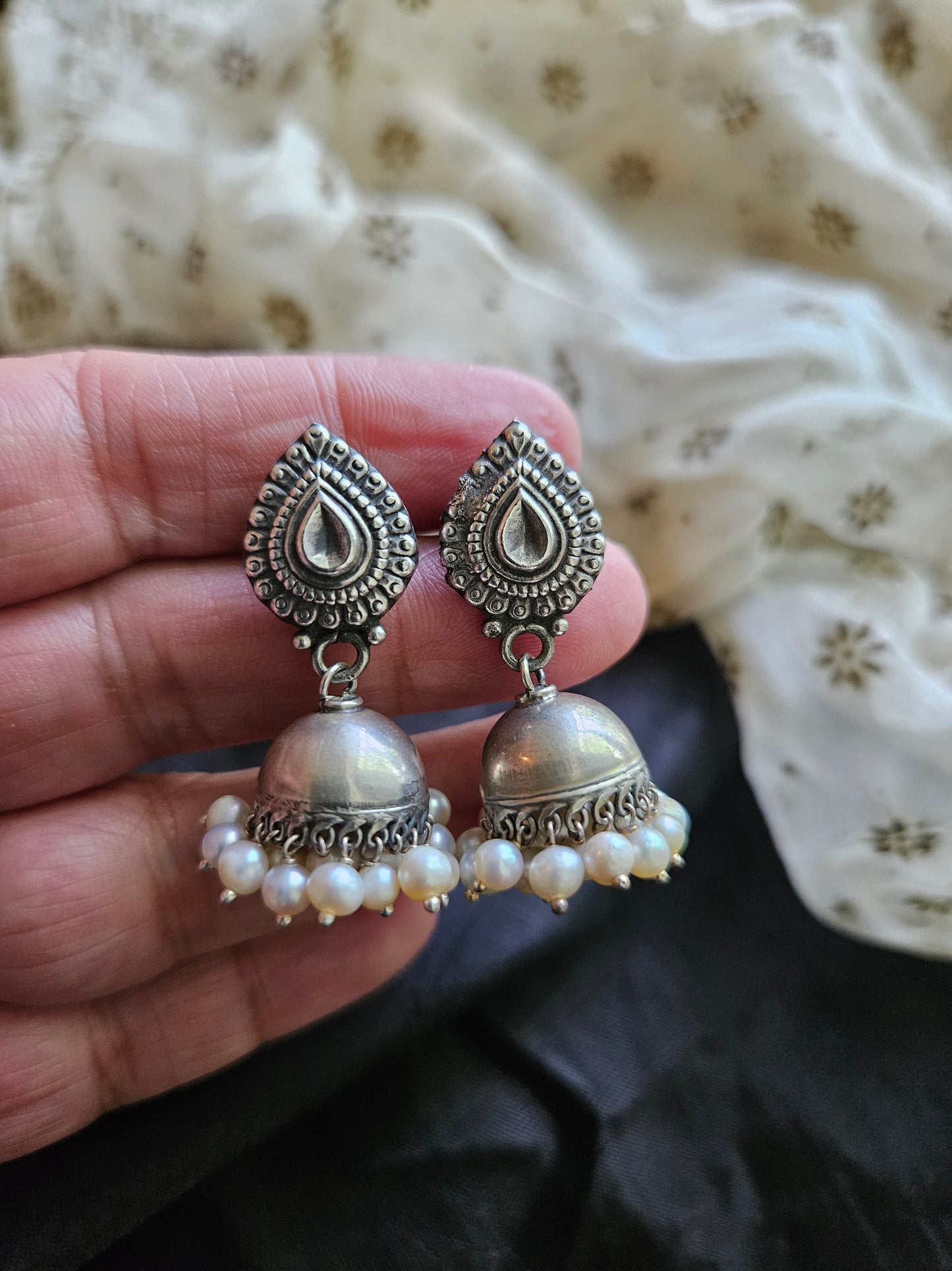 small handcrafted oxidized 925 silver jhumka earrings  with pearls