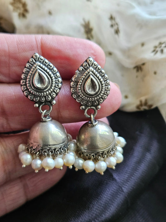 small handcrafted oxidized 925 silver jhumka earrings  with pearls