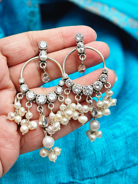Noor - 925 Sterling Silver Indian Earrings with Pearls & CZ – Handmade Indian Jewelry