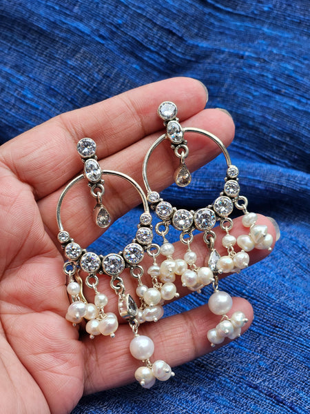 Noor - 925 Sterling Silver Indian Earrings with Pearls & CZ – Handmade Indian Jewelry