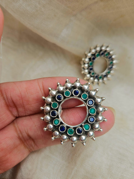 Oxidized 925 Sterling Silver with Green Semi-precious Stone Stud Earring