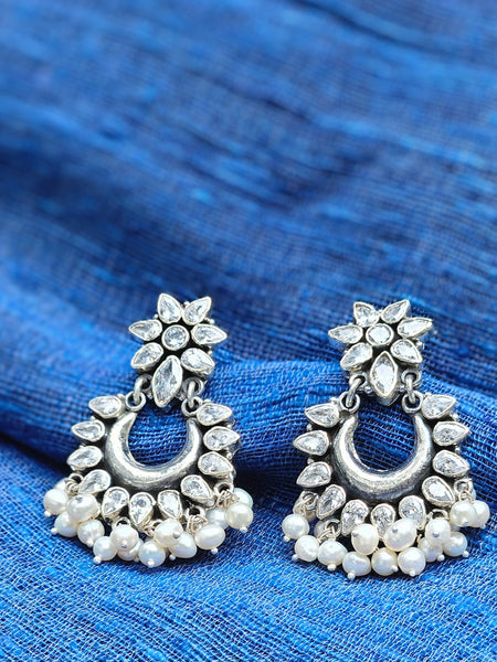 Chandbali  Silver Zircon Earrings, Indian 925 Silver Earring
