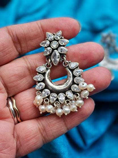 Chandbali  Silver Zircon Earrings, Indian 925 Silver Earring