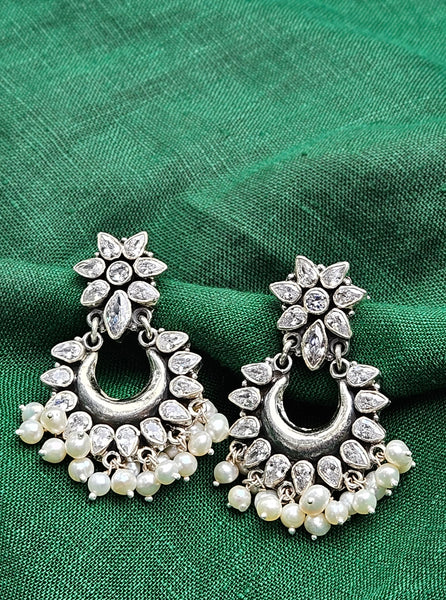 Chandbali  Silver Zircon Earrings, Indian 925 Silver Earring