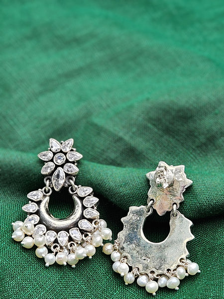 Chandbali  Silver Zircon Earrings, Indian 925 Silver Earring